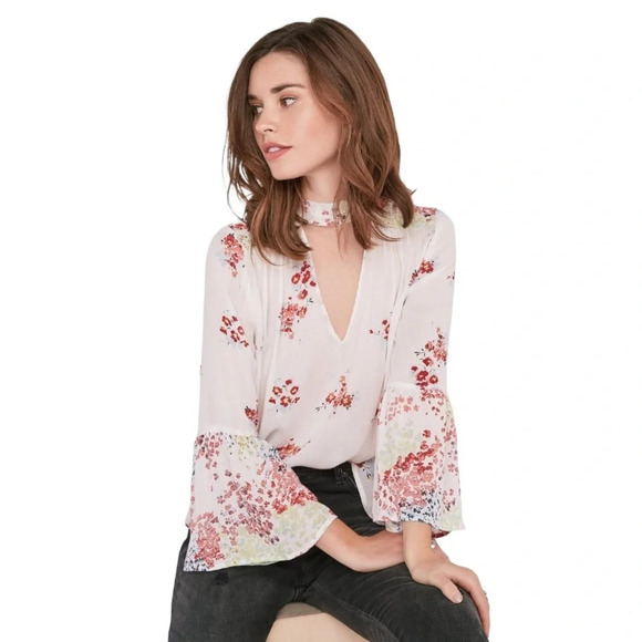 Lucky Brand Floral Print Bell Sleeve Tie Choker Neck Peasant Blouse Size Small - Picture 1 of 11